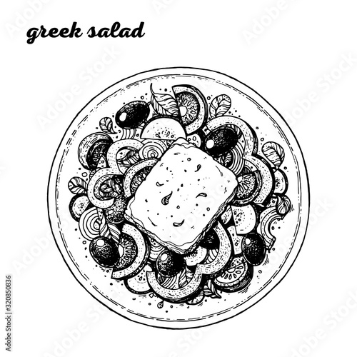 Greek salad hand drawn illustration. Greek cuisine. Linear graphic. Food sketch.