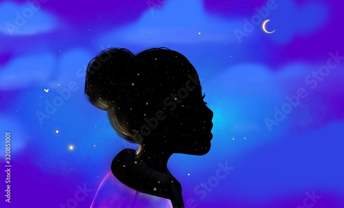 Little girl dreaming at night stars childrens silhouette on night blue moon background dream 