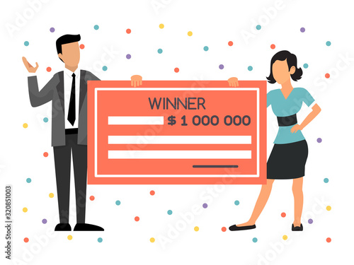 Winners hold big lottery check. Couple win in lottery money prize vector illustration. Happy man and woman holding huge lotteries ticket