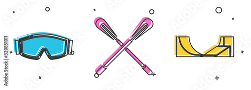 Set Ski goggles, Crossed paddle and Skate park icon. Vector