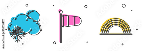 Set Cloud with snow and sun, Cone meteorology windsock wind vane and Rainbow with clouds icon. Vector