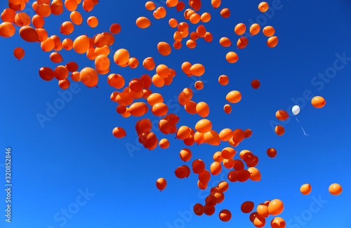 Orange balloons fly into the bright summer sky at the festival