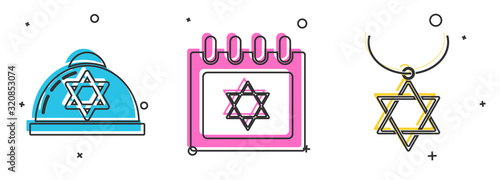 Set Jewish kippah with star of david, Jewish calendar with star of david and Star of David necklace on chain icon. Vector