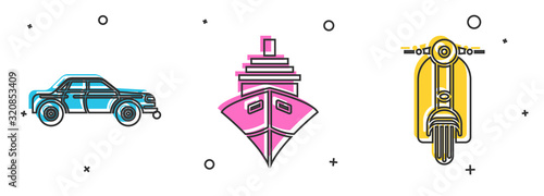 Set Sedan car, Cargo ship and Scooter icon. Vector