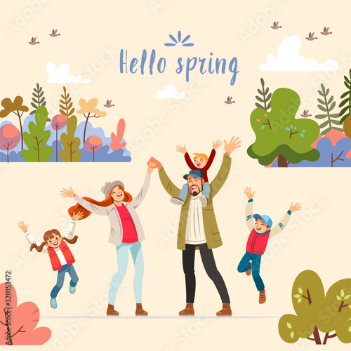 Hello spring. Hello spring greeting card with big family. Concept of friendly family and Parenthood child-rearing playing walking with kids in nature. Vector cartoon illustration