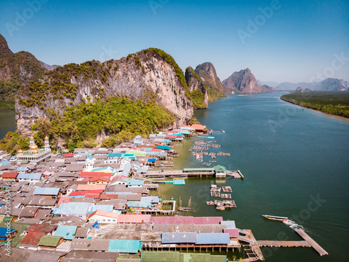 Beautiful landscape mosque sea and sky in summer at Punyi island, Ko Panyi or Koh Panyee, Muslim fisherman village landmark attractions travel by boat at Ao Phang Nga Bay National Park, Thailand, Asia photo