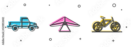 Set Pickup truck, Hang glider and Bicycle icon. Vector