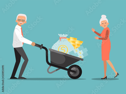 Pension fund investment. Old man pushing wheelbarrow with money in bank. Financial system for senior citizen, helping from government