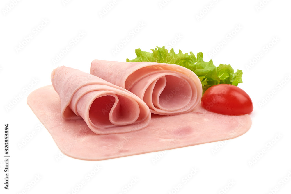 Sliced boiled ham, isolated on white background Sliced boiled ham, isolated on white background