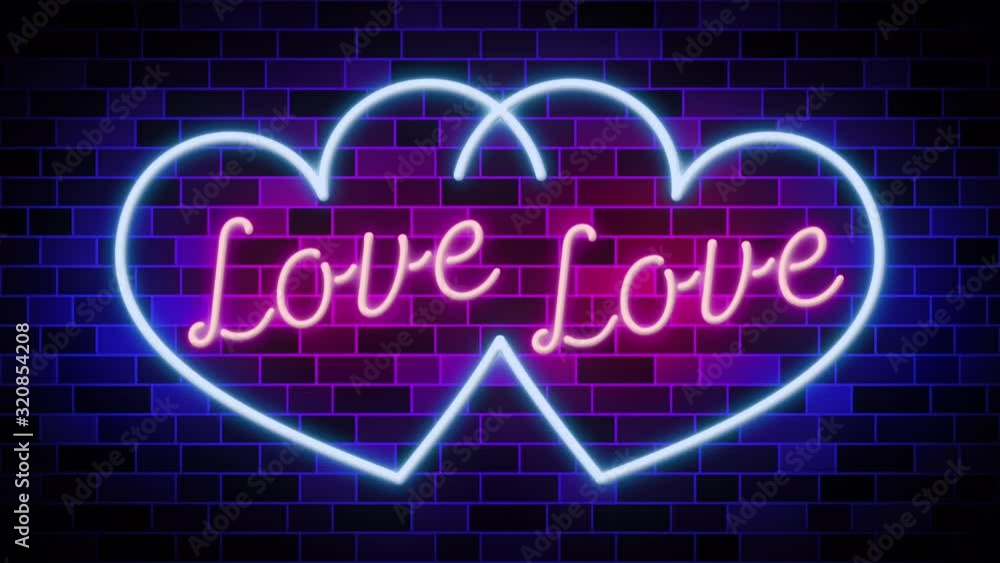Love script letter with 2 heart. Valentine's Day in neon style with brick tiles wall background. Valentine's Day modern concept. Love script letter with 2 heart. Valentine's Day in neon style with brick tiles wall background. Valentine's Day modern concept.