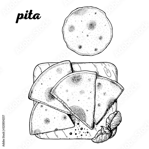 Pita hand drawn illustration. Greek cuisine. Linear graphic. Food sketch.