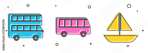 Set Double decker bus, Bus and Yacht sailboat or sailing ship icon. Vector