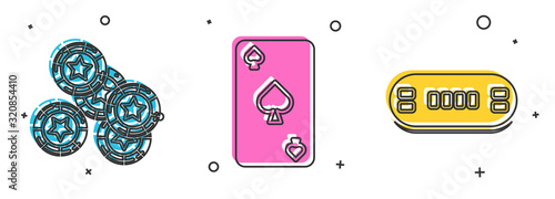 Set Casino chips, Playing card with spades symbol and Poker table icon. Vector