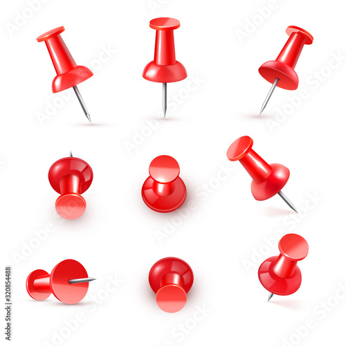 Realistic vector plastic glossy red push pin 3D vector icon on white background.