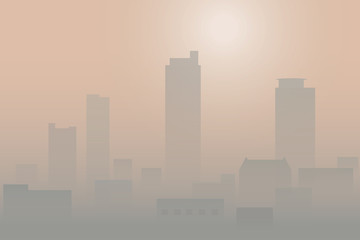Ingelijste posters Meloenkleur Smog boven stad bij zonsondergang  © OHishi_Foto