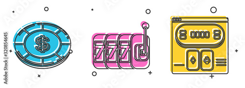 Set Casino chip with dollar symbol, Slot machine with lucky sevens jackpot and Online poker table game icon. Vector