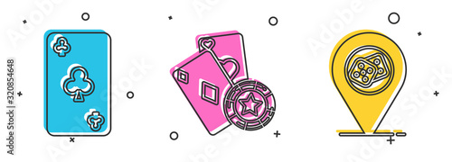 Set Playing card with clubs symbol, Casino chip and playing cards and Casino location icon. Vector