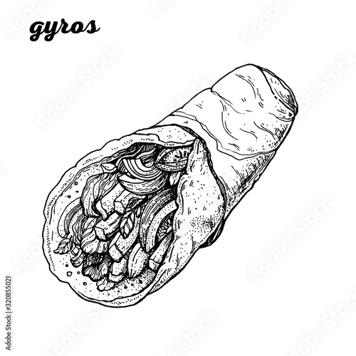 Gyros hand drawn illustration. Greek cuisine. Linear graphic. Food sketch.