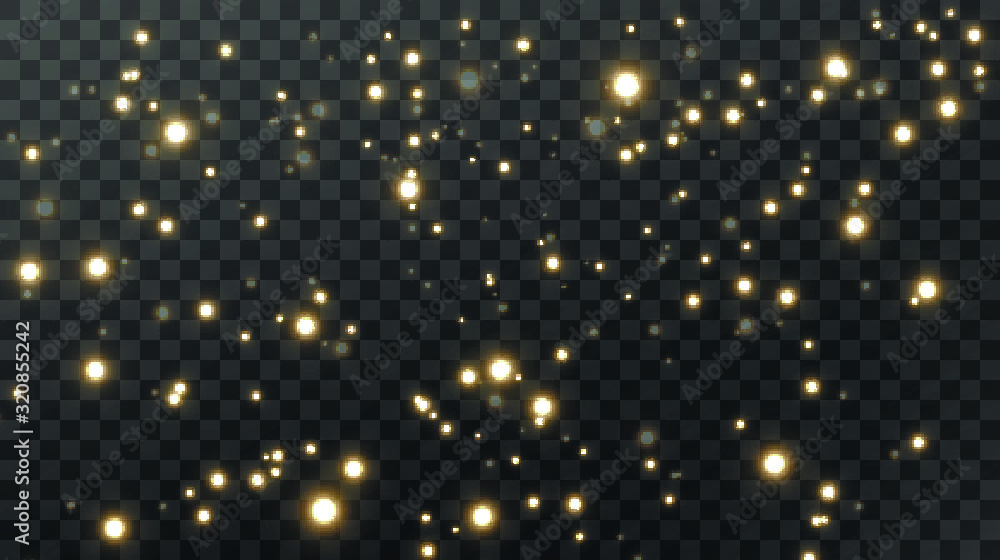 Christmas background. Powder dust light PNG. Magic shining gold dust. Fine, shiny dust bokeh particles fall off slightly. Fantastic shimmer effect. Vector illustrator.	