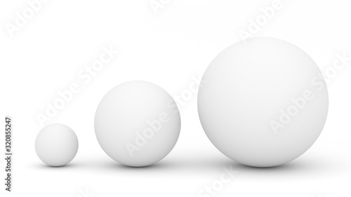 Three white spheres on a white background as 3D rendering