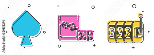 Set Playing card with spades symbol, Game dice and glass of whiskey with ice cubes and Slot machine icon. Vector