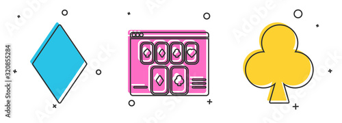 Set Playing card with diamonds symbol, Online poker table game and Playing card with clubs symbol icon. Vector