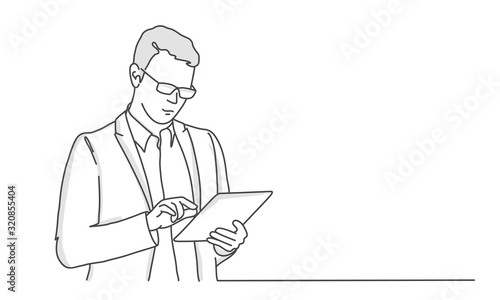 Man with glasses uses a tablet. Line drawing vector illustration.