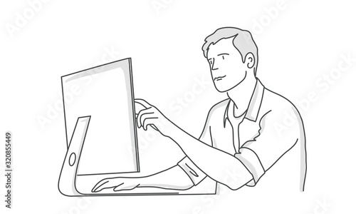 Man pointing at computer. Line drawing vector illustration.
