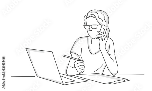 Sketch of woman with glasses using laptop and talking on the phone. Line drawing vector illustration.