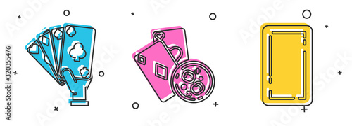 Set Hand holding playing cards, Playing cards and glass of whiskey with ice cubes and Playing card back icon. Vector