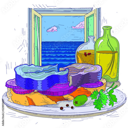Drawn sandwich with sea fish on a plate, against the background of an open window with a seascape.