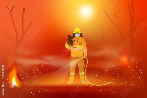 Photography vector of Firefighters carrying koalas and carrying water tube in the midst of f