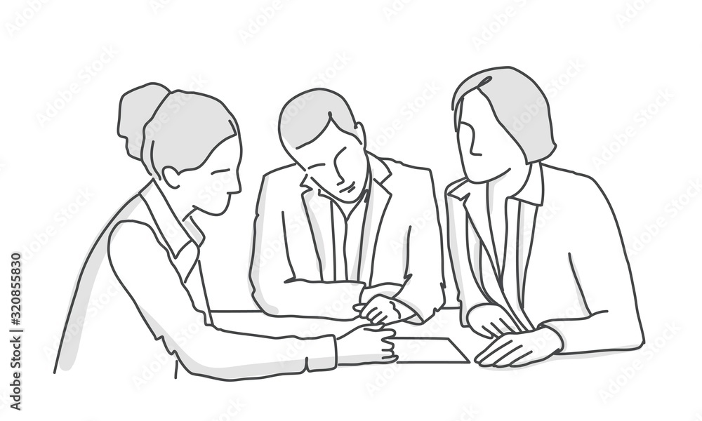 Two woman and man discussing work. Line drawing vector illustration.