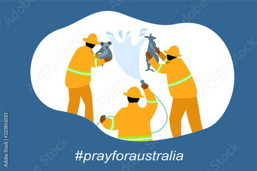 Australia fire with vector of fire man or firefighter help koala with kangaroo baby and carrying water tube to stop fire pray for australia concept