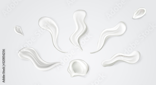 Cream smear realistic set. Wavy white stroke. Editable cream drop splashes. Face and skin cosmetics. Skin care swatch collection. Foundation, milk lotion, gel, drops texture. Vector illustration