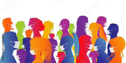 Group of people wearing medical masks. Crowd of people protecting themselves against pandemic epidemic infection. Virus contamination. Coronavirus -2019-nCoV-. Vaccination. Antivirus