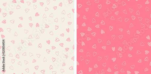 Doodle Lovely Valentines Day background seamless patterns with cute hearts in 2 colors. Vector illustration.