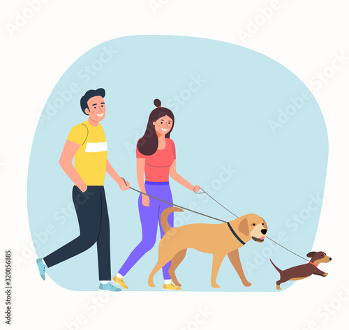 Woman and man is walking with a dogs isolated. Vector flat style illustration