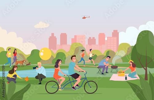 People relaxing in nature in a park. Vector flat style illustration