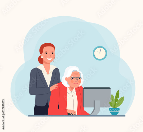 Teaching an elderly person on a computer. Vector flat style illustration.