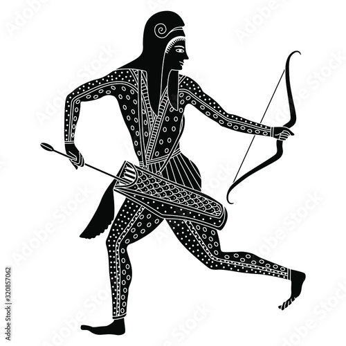 Isolated vector illustration. Running Scythian warrior with bow and arrow. Ancient Greek decor. Black and white silhouette.