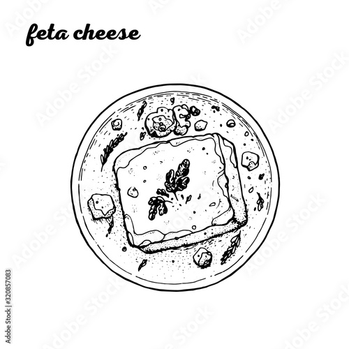 Feta cheese hand drawn illustration. Greek cuisine. Linear graphic. Food sketch.