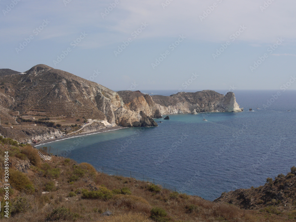 Views of the caldera, mountains, the Mediterranean Sea, and the city of Fira from the Akrotiri Lighthouse.