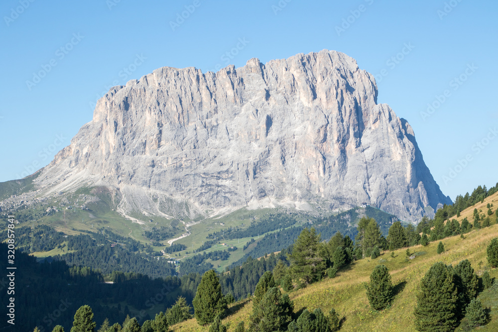 August 28, 2019: Panoramic view of mount Sassolungo and Sassopiatto, Italian Dolomites