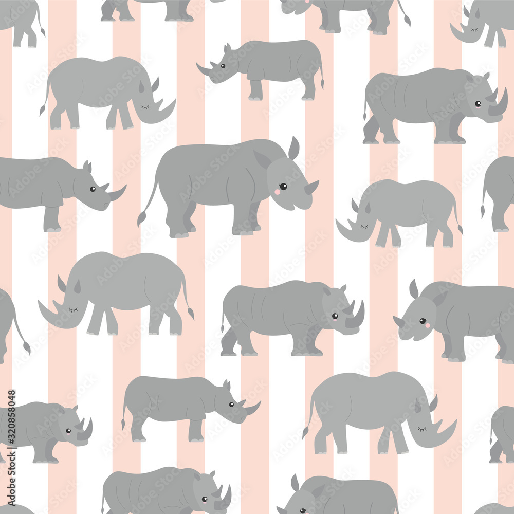 Seamless pattern vector of cute rhino on a peach striped background..
