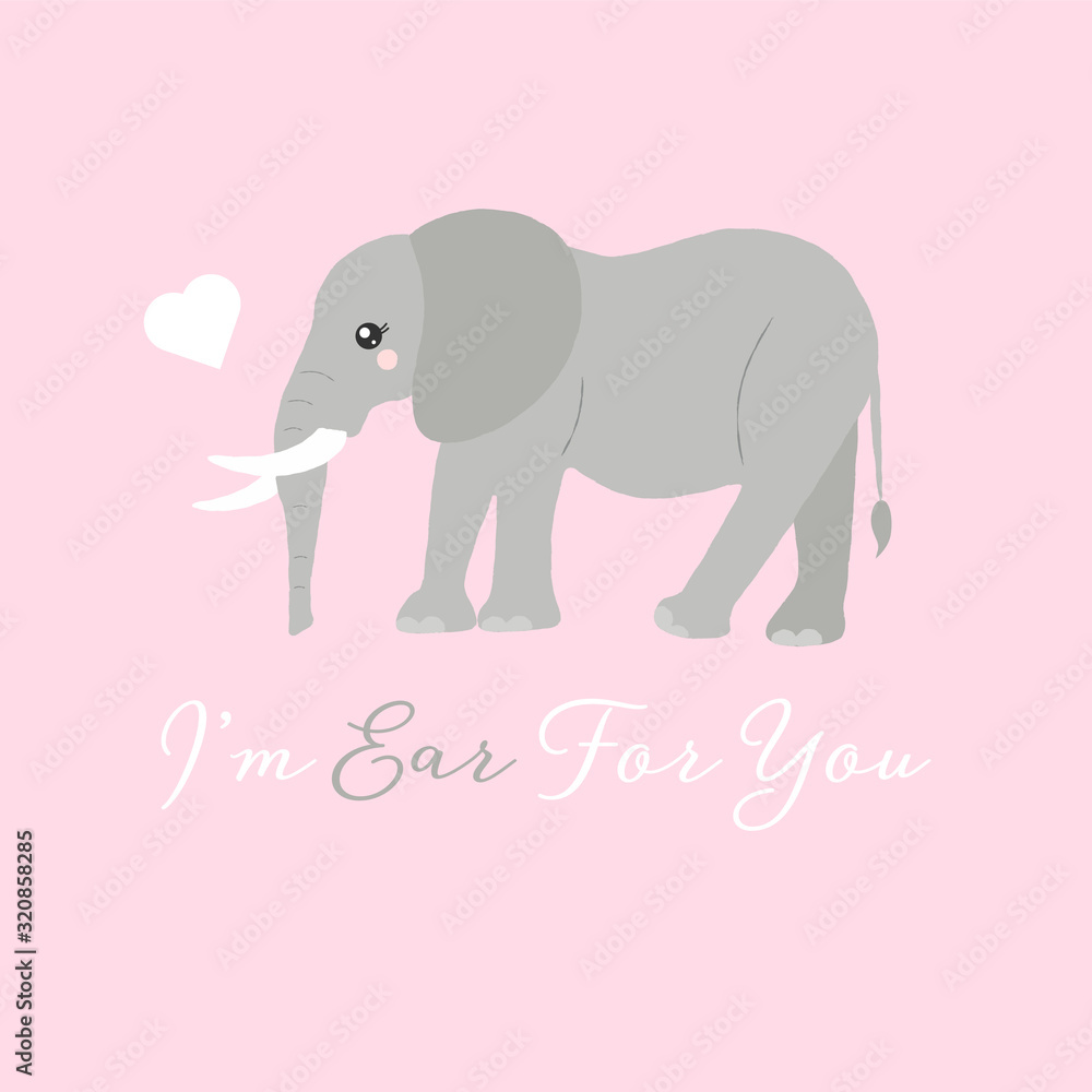 Vector illustration of a cute elephant. I'm ear for you. Sympathy card design concept. Vector illustration of a cute elephant. I'm ear for you. Sympathy card design concept.
