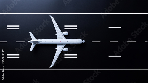 Privat passenger plane fly up over take-off runway from airport on black background. Transport hub