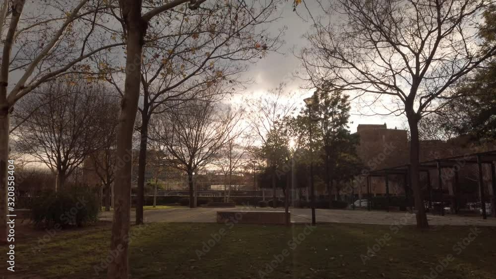 Bright sun flare shining through bare winter trees in city park Bright sun flare shining through bare winter trees in city park