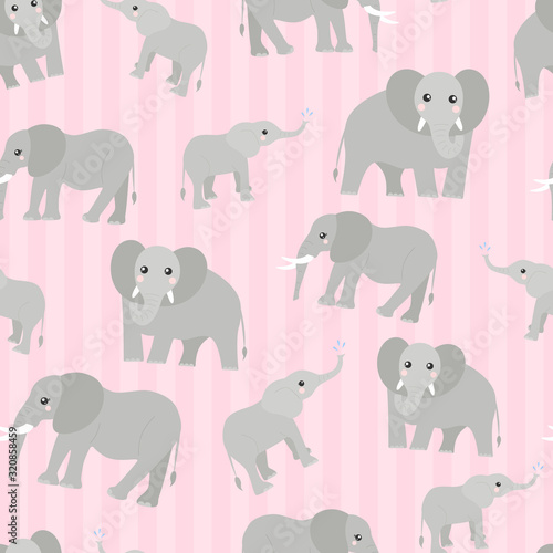 Seamless pattern vector of cute elephants on a pink striped background..