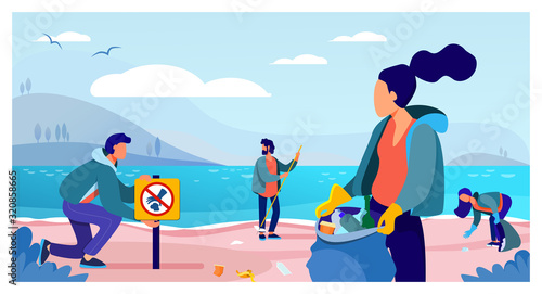 Group of young volunteers collecting trash on ocean beach flat vector illustration. Ecology and clean planet concept. People cleaning environment nature together